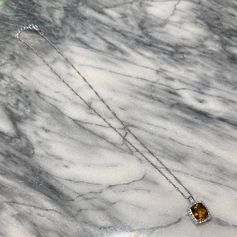 Sterling Silver Necklace with Amber Cushion Pendant and Halo